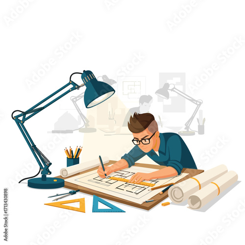 Architect designing blueprints at a desk