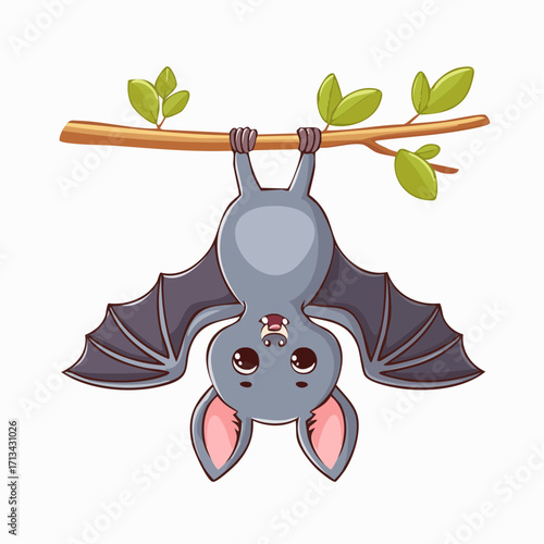 A cute cartoon bat hangs upside down on a leafy branch. Adorable nocturnal animal character in a modern flat vector illustration style, isolated on a white background