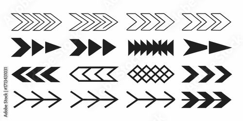 Collection of sixteen arrow designs pointing right with varied styles and shapes in black and white color | editable eps vectors silhouette