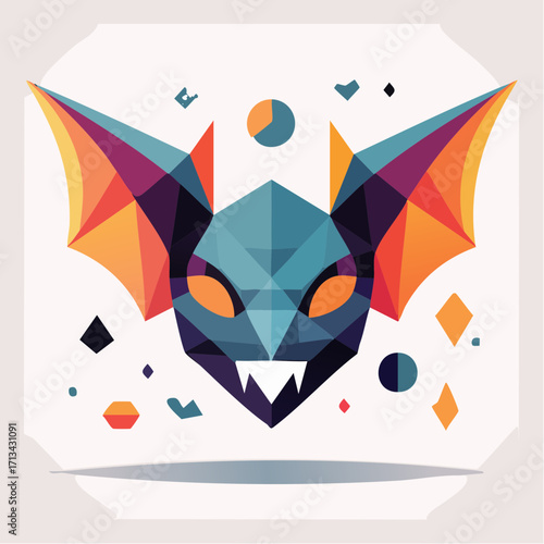 Geometric Bat Character Illustration with Colorful Wings and Diamond Accents