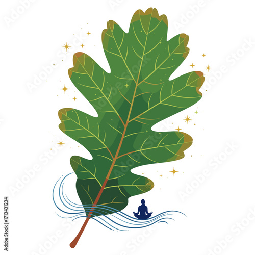 Stylized leaf and meditating person with sparkles
