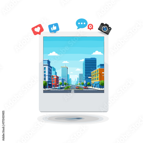 City street in photo frame with social media icons