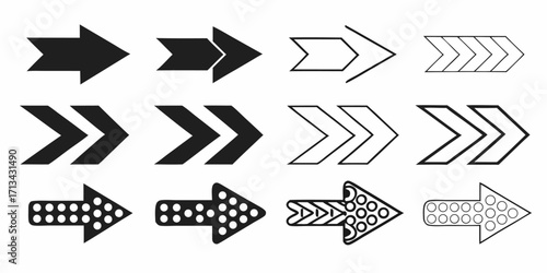Collection of twelve arrows pointing to the right with different styles and design variations present | editable eps vectors silhouette