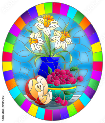 Illustration in stained glass style with still life , a bouquet of daffodils in a vase and fruit in a bowl on a table on a blue background, oval image