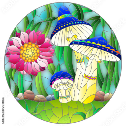 Stained glass window illustration with mushrooms and a flower on a meadow and sky background