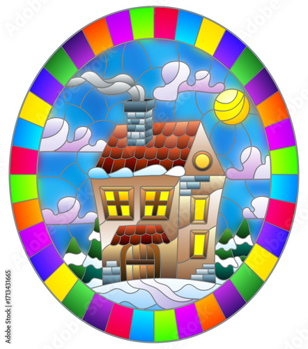 Illustration in vintage style winter landscape, village house and fir-trees on a background of snow, sky and sun, oval image in bright frame