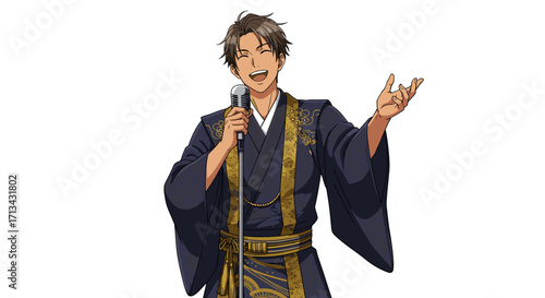 Smiling Young Man Singing Enthusiastically into Microphone Wearing Traditional Japanese Kimono Isolated on White Background