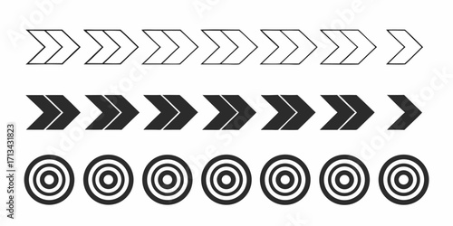 Three rows of geometric shapes including outline arrows filled arrows and concentric circles aligned | editable eps vectors silhouette