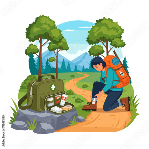 Hiker applying first aid to ankle on trail