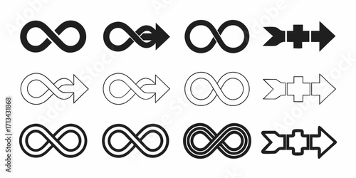 Illustration of different infinity symbols and arrows with varying designs and styles arranged neatly row wise | editable eps vectors silhouette