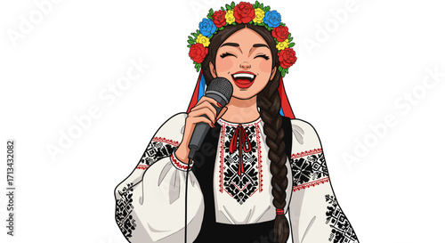 Young Ukrainian Woman Singing Joyfully Wearing Traditional Vyshyvanka and Floral Wreath Isolated on White Background