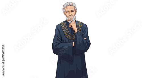 Wise old man in dark blue robe with gold trim thoughtful gesture isolated on white background