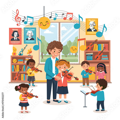 Kids learning violin with a teacher