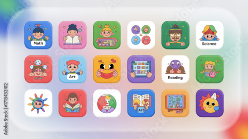 Educational app icons for kids learning math science art reading and other school subjects for children
