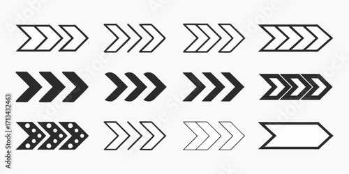 Collection of twelve arrow icons arranged in a grid pattern with different styles and orientations | editable eps vectors silhouette