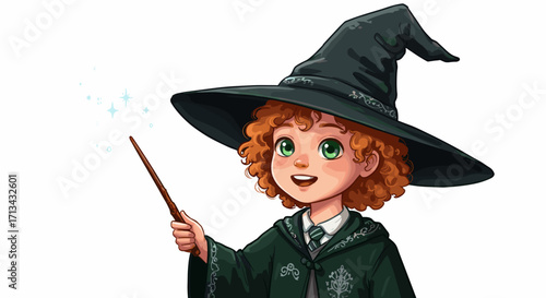 Whimsical Cartoon Young Witch with Fiery Red Hair Casting a Sparkly Spell with Wand Isolated on White Background