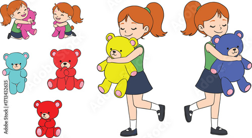 Cute red‑haired girl hugging colorful teddy bears, playful children’s illustration, happy kid with toys, adorable cartoon art, educational kids content, vector