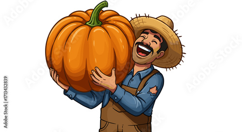 Happy Farmer Holding Giant Pumpkin Joyful Harvest Celebration Cartoon Illustration Isolated