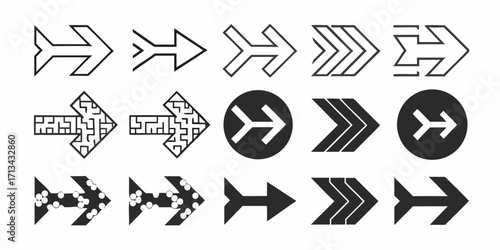 Collection of fifteen different arrow designs pointing right in various styles and orientations | editable eps vectors silhouette