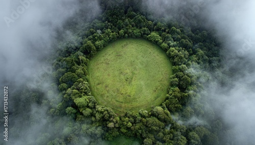 Aerial view of a circular clearing in a lush forest, shrouded in mist, revealing a vibrant green meadow encircled by dense trees