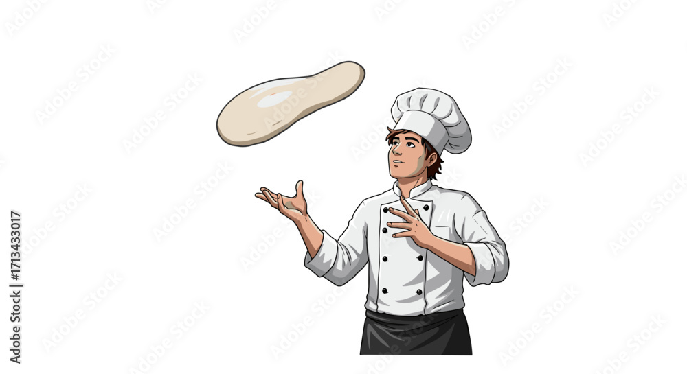 Naklejka premium Skilled young chef expertly tossing pizza dough in mid-air isolated on white background