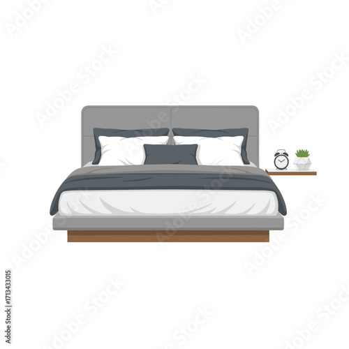 Modern bedroom bed with nightstand and alarm clock