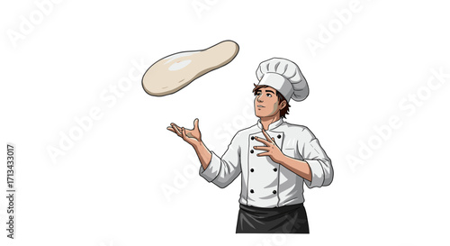 Skilled young chef expertly tossing pizza dough in mid-air isolated on white background