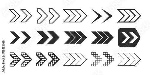 Collection of different styles of right facing arrows in various designs and orientations shown in rows | editable eps vectors silhouette