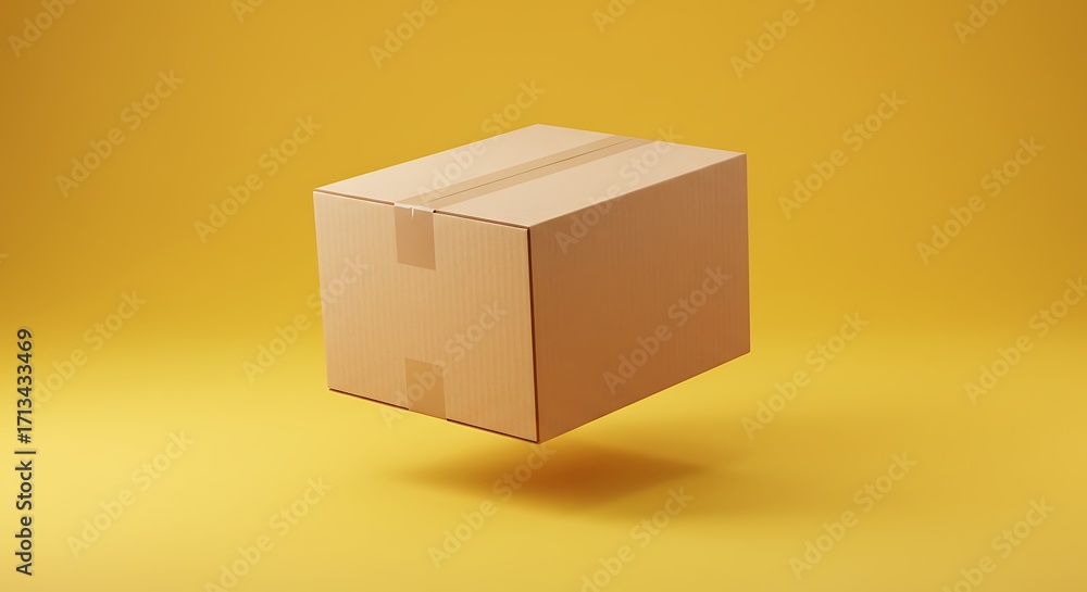 Obraz premium Cardboard Box Floating on Yellow Background, Delivery Concept.