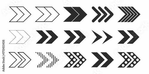 Collection of diverse arrow designs pointing right with varying styles and fill patterns displayed neatly | editable eps vectors silhouette