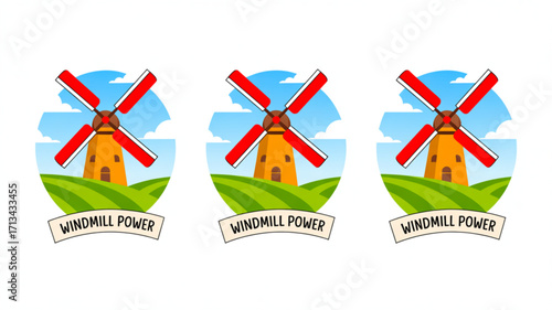 Windmill power generation sustainable energy renewable resources rural landscape farm field illustration