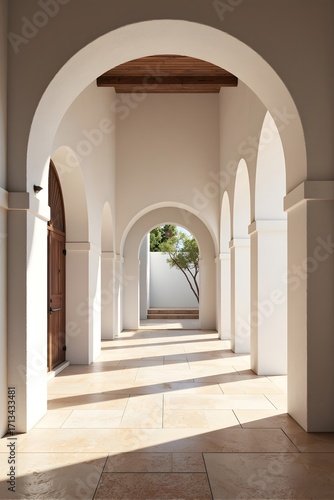 Bright sunlight illuminates a long, arched hallway.