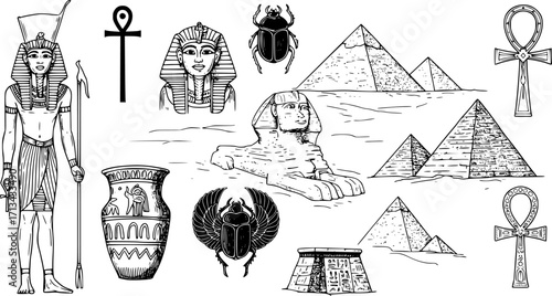 Collection of ancient Egyptian symbols and artifacts, including pharaoh, Sphinx, pyramids, scarab, and ankh, on a white background. Vector illustration 
