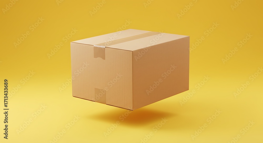 Obraz premium Cardboard Box Floating on Yellow Background, Delivery Concept.