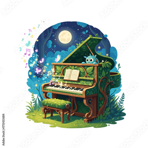 Whimsical forest piano with magical musical notes