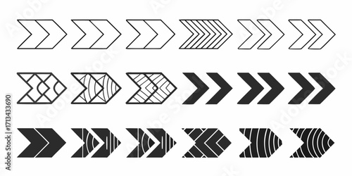 Collection of fifteen stylized arrows pointing right with varying designs and fill patterns shown in black | editable eps vectors silhouette