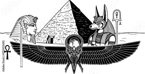 Ancient Egypt vector illustration set with pharaoh, pyramid, Anubis god, and Horus symbol.
