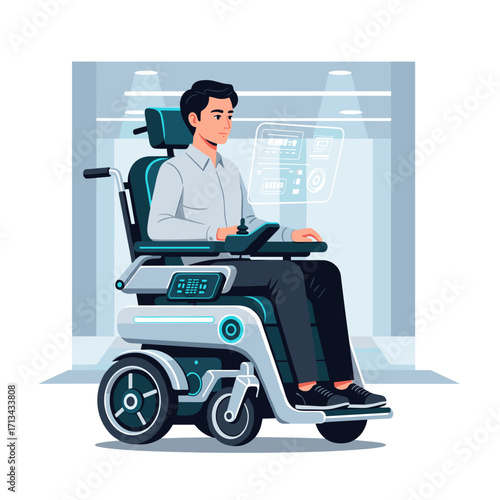 Man in modern electric wheelchair with holographic interface