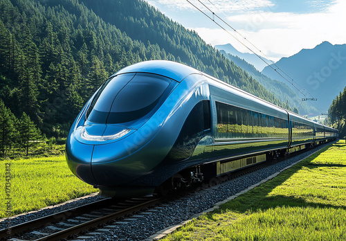 Modern highspeed train traveling through a scenic green mountain landscape