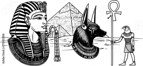 Ancient Egypt vector illustration set with pharaoh, pyramid, Anubis god, and Horus symbol.
