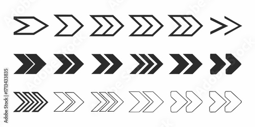 Illustration showing an assortment of forward pointing arrow designs in black and white on a white background | editable eps vectors silhouette