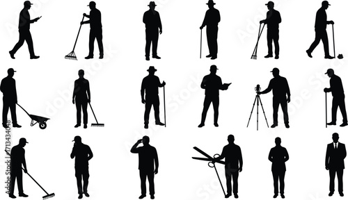Silhouette people collection, diverse occupations, workers with tools, business professionals, daily activities, teamwork, construction, gardening, communication, lifestyle, industry, urban life