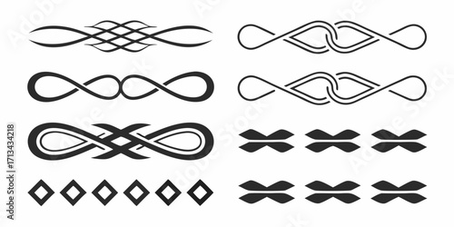 Elegant black and white dividers featuring intricate knot and diamond designs on a plain background surface | editable eps vectors silhouette