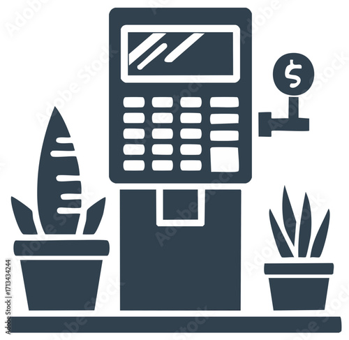 Financial Transaction Terminal with Dollar Sign and Potted Houseplants Minimalist Icon
