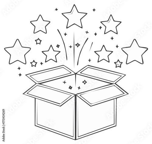 Gift box exploding with star shapes vector illustration, surprise present concept