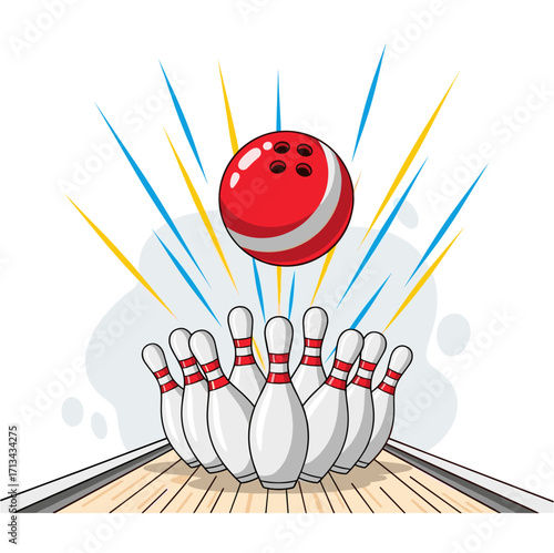 Red bowling ball striking pins