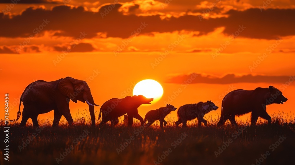 Fototapeta premium Elephants, bears, and cubs silhouetted against a vibrant sunset