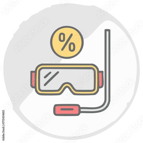 Snorkel mask and percentage symbol icon for water sports and discounts