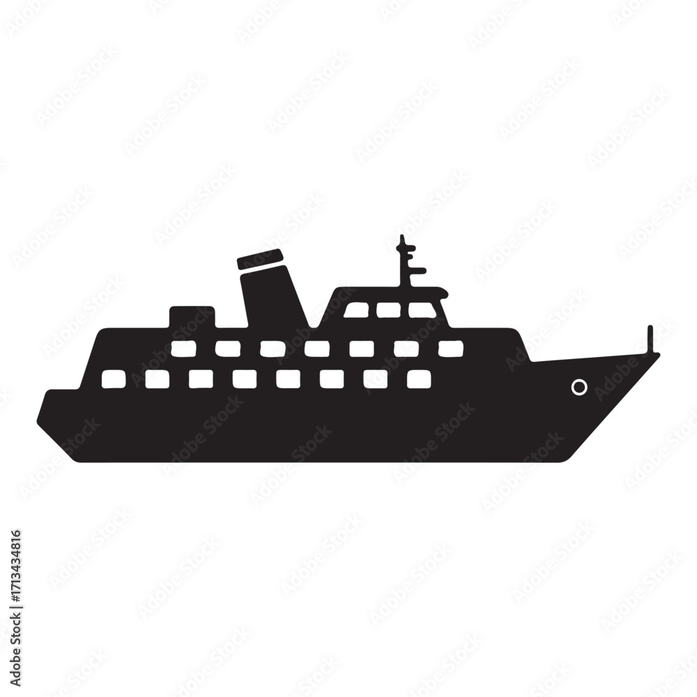 Obraz premium Black Silhouette of a Cruise Ship Ferry Boat Isolated on White Background Vacation and Travel Concept Vessel Transportation