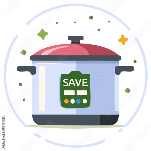 Cartoon slow cooker pot with timer illustration. Kitchen appliance drawing. Food preservation graphic.